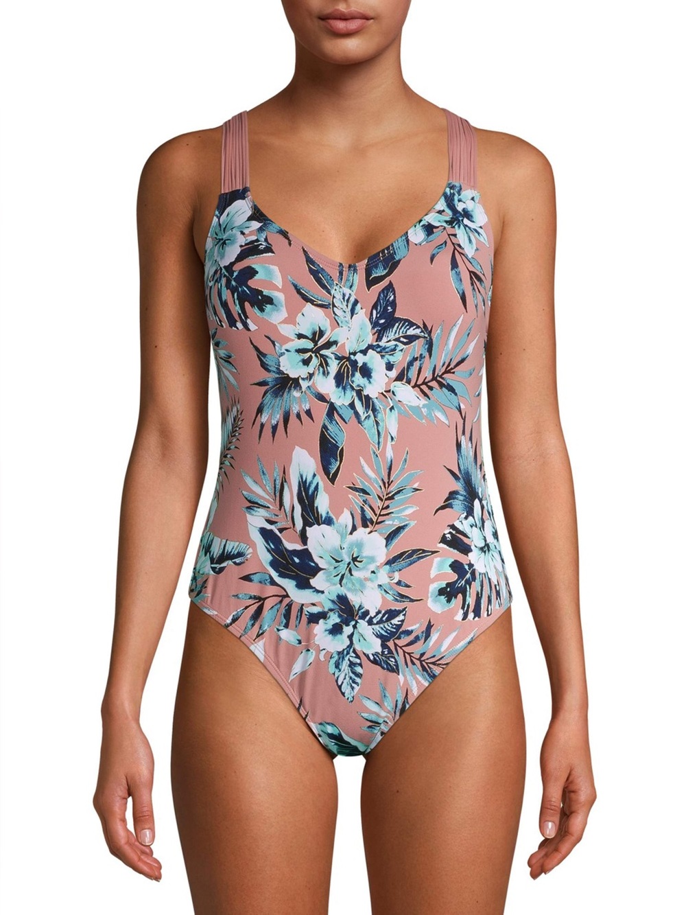 Dusty Rose Floral One-Piece Swimsuit with Teal and Navy Print Size XL 16-18